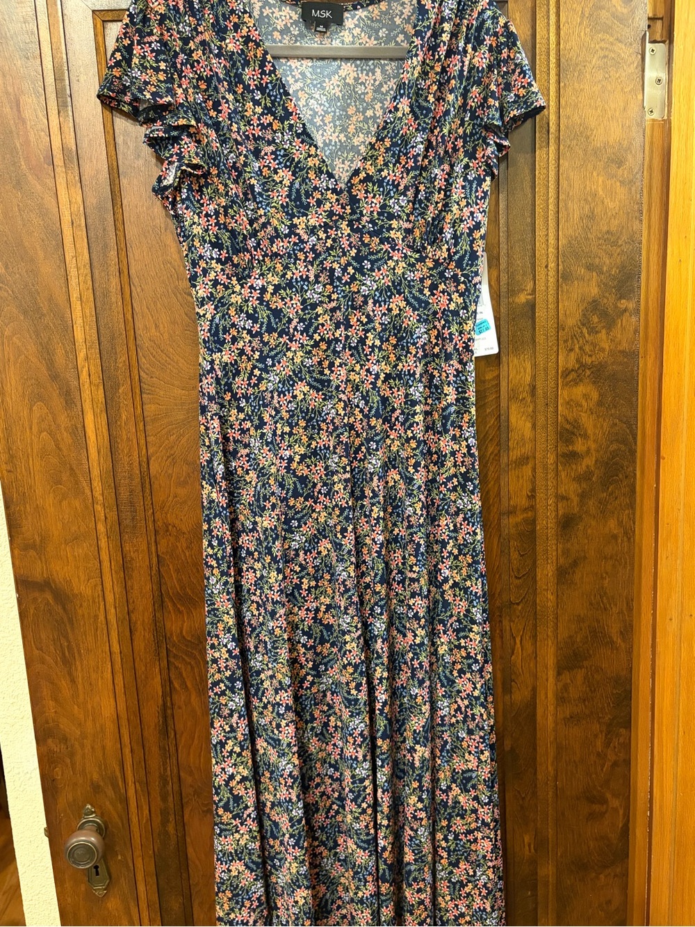 MSK Navy Floral V-Neck Maxi Dress with Pink and Green Blossoms